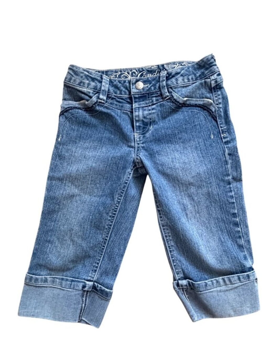 Candie's Girls Knee Length Cuffed Denim Capri Pants-Blue-Size 10-GUC